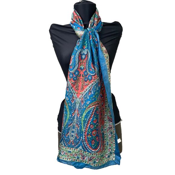 Vintage 100% Silk Scarf Shawl Head Wrap Blue approx. 70x18” - Picture 5 of 9